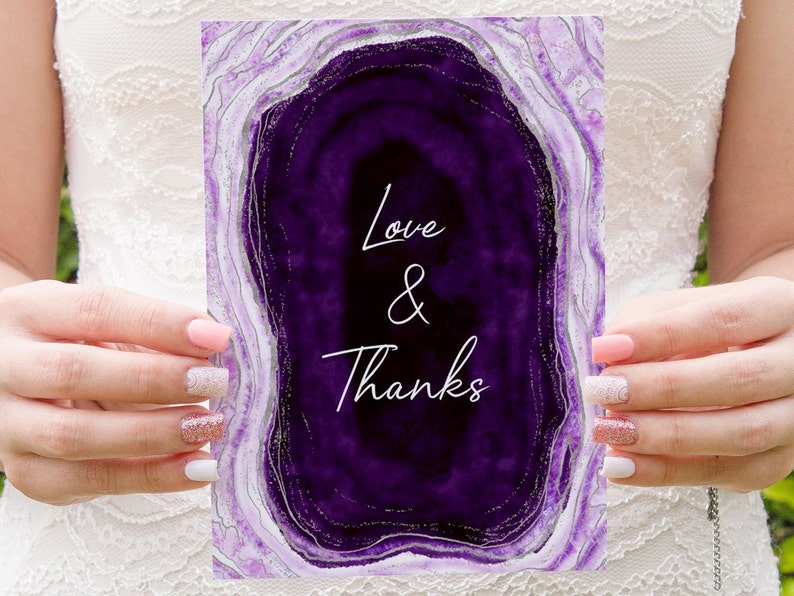 Editable Template Amethyst Geode Rock Purple Agate Slice Wedding Love /& Thanks Card DIY Printable Modern Marble Thank You Folded Cards