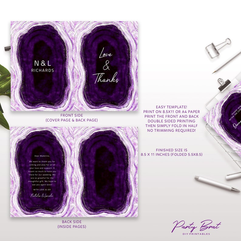 Editable Template Amethyst Geode Rock Purple Agate Slice Wedding Love /& Thanks Card DIY Printable Modern Marble Thank You Folded Cards
