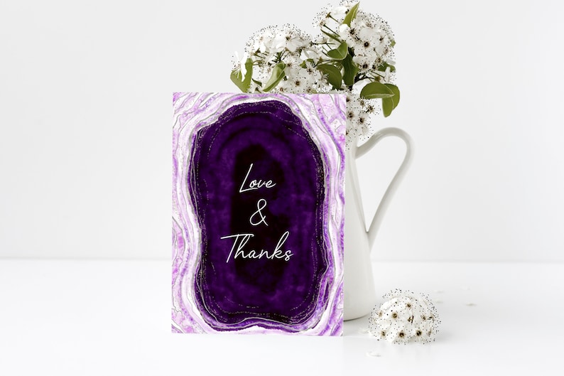 Editable Template Amethyst Geode Rock Purple Agate Slice Wedding Love /& Thanks Card DIY Printable Modern Marble Thank You Folded Cards