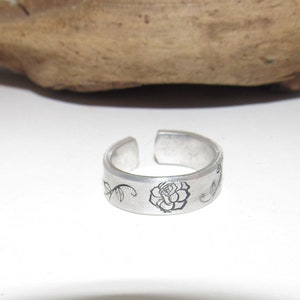 adjustable rose ring birth flower ring, stamped ring, hand stamped jewelry , custom ring, personalized ring