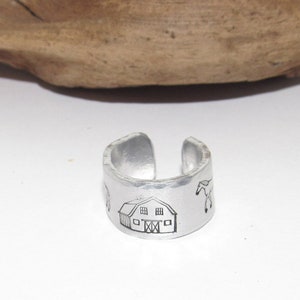 Horse barn ring, horse lover Aluminum Hand Stamped Ring, horse lover jewelry  personalized adjustable  ring, gift for horse lover