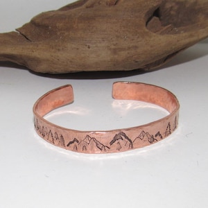 Mountain bracelet with trees, adjustable copper cuff, stamped jewelry, stamped copper bracelet,