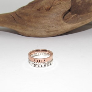 rose gold ring, skinny stacking name ring, custom personalized kids name jewelry, hand stamped jewelry for mom, Anniversary gift for mom