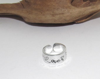 Love flower Adjustable stamped ring,  Love heart aluminum ring, inspiration rings, adjustable silver ring, stamped jewelry,