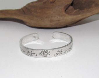Sterling silver Lotus flower bracelet, Personalized plant Adjustable stamped cuff bracelet, pewter cuff, stamped jewelry,