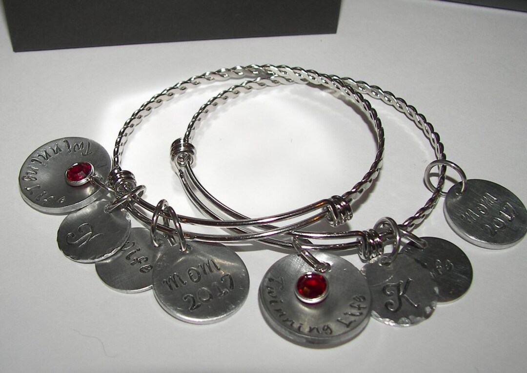 Adjustable Bangle Charm Bracelet With Kids Names and Birth Etsy