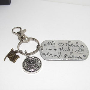 My hearts belongs to a soldier keychain, Military wife gift, Army wife gift, Marine wife gift,  custom stamped keychain