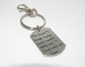 So there's these kids that stole my heart they call me mom or dad, Key ring with kids names, custom personalized handstamped jewelry