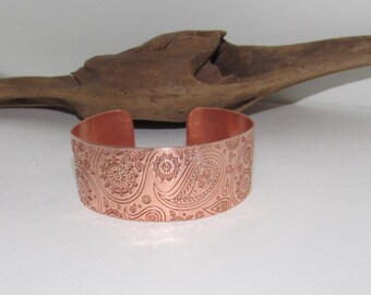 Copper Paisley Floral Print Embossed Cuff, boho paisley jewelry, personalized cuff bracelet, Bff gift, western jewelry cuff,