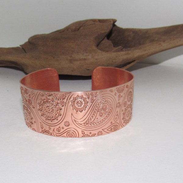 Copper Paisley Floral Print Embossed Cuff, boho paisley jewelry, personalized cuff bracelet, Bff gift, western jewelry cuff,
