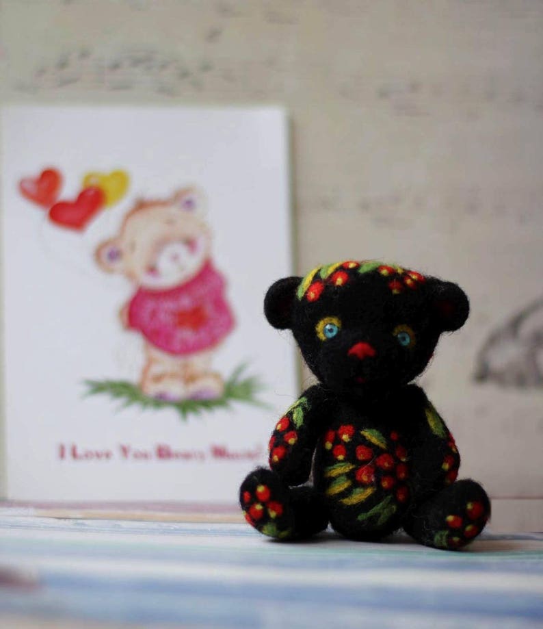 Rowanberry needle felted teddy bear pit decor felted small teddy bear from 100 /% carded wool with felted decor Khokhloma rowan wild ash