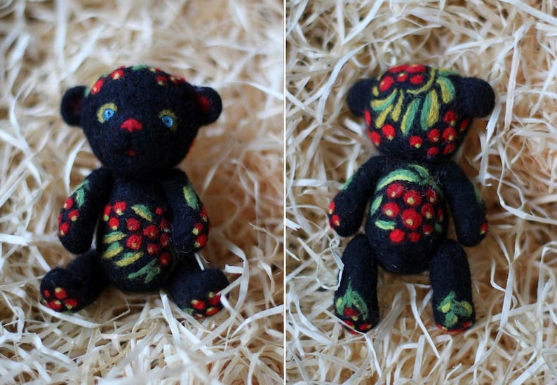 Rowanberry needle felted teddy bear pit decor felted small teddy bear from 100 /% carded wool with felted decor Khokhloma rowan wild ash