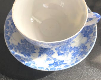 May include: A white porcelain teacup and matching saucer featuring a blue floral pattern. The teacup has a curved handle and a plain white interior, while the saucer displays a detailed blue botanical design with a scalloped edge border.