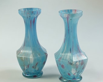 Pair of vintage aqua blue with pink hand blown studio art glass vases. 1980s