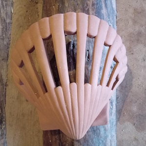 May include: A terracotta-coloured, seashell-shaped wall planter. The planter features vertical openings and a scalloped edge, creating a decorative design. The back has a flat surface for mounting, ideal for a coastal theme.