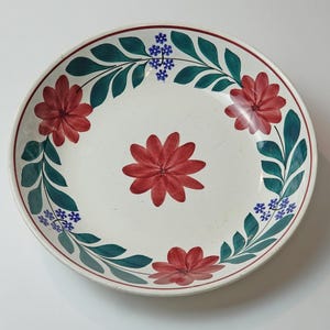 Può includere: Un piatto in ceramica bianca con un motivo floreale. Il piatto presenta fiori rossi, foglie verdi e accenti blu. Il bordo è bordato da una sottile linea rossa. Il piatto è rotondo e ha un bordo leggermente rialzato.