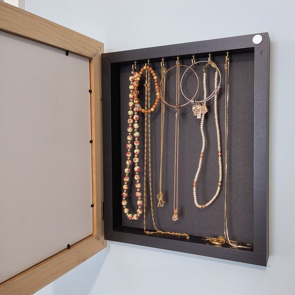 Framed Mirror Secret Jewelry Organizer, Wall Mount Jewelry Holder, Necklace Organizer