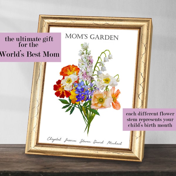 Moms Garden Print AND Frame, Personalized Gift for Mother's Day, Custom Floral Bouquet Print, Birth Month Flower Art, Gift for her