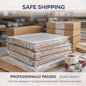 May include: Stack of packaged items wrapped in bubble wrap and cardboard, ready for shipping. The image includes the text "SAFE SHIPPING" and "PROFESSIONALLY PACKED" with bullet points: "Shrink wrapped &bull; Cardboard protected &bull; Reinforced boxes."