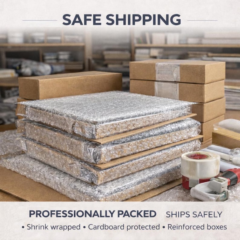 May include: Stack of packaged items wrapped in bubble wrap and cardboard, ready for shipping. The image includes the text "SAFE SHIPPING" and "PROFESSIONALLY PACKED" with bullet points: "Shrink wrapped &bull; Cardboard protected &bull; Reinforced boxes."