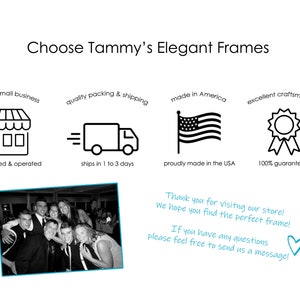 Puede incluir: Ilustraci&oacute;n en blanco y negro de una tienda, una camioneta de reparto, una bandera estadounidense y un premio con cinta. El texto "Choose Tammy's Elegant Frames" est&aacute; en la parte superior de la imagen. El texto "support small business, family owned & operated" est&aacute; debajo de la ilustraci&oacute;n de la tienda. El texto "quality packing & shipping, ships in 1 to 3 days" est&aacute; debajo de la ilustraci&oacute;n de la camioneta de reparto. El texto "made in America, proudly made in the USA" est&aacute; debajo de la ilustraci&oacute;n de la bandera estadounidense. El texto "excellent craftsmanship, 100% guaranteed" est&aacute; debajo de la ilustraci&oacute;n del premio. El texto "Thank you for visiting our store! We hope you find the perfect frame! If you have any questions please feel free to send us a message!" est&aacute; en la parte inferior de la imagen.