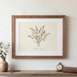 May include: A framed botanical print featuring a sepia-toned illustration of a bouquet of dried flowers and grasses. The artwork is set against a cream-colored background and is encased in a rustic, brown wooden frame. The text "botanical sea name" is at the bottom.