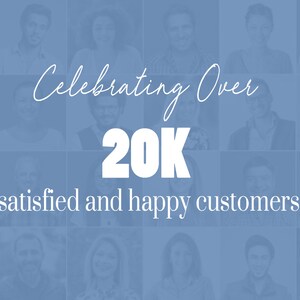 Puede incluir: Un fondo azul con un collage de caras. El texto "Celebrating Over 20K satisfied and happy customers" est&aacute; escrito en blanco.