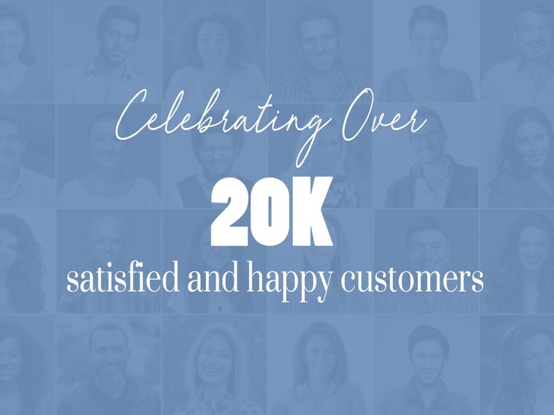 Puede incluir: Un fondo azul con un collage de caras. El texto "Celebrating Over 20K satisfied and happy customers" est&aacute; escrito en blanco.