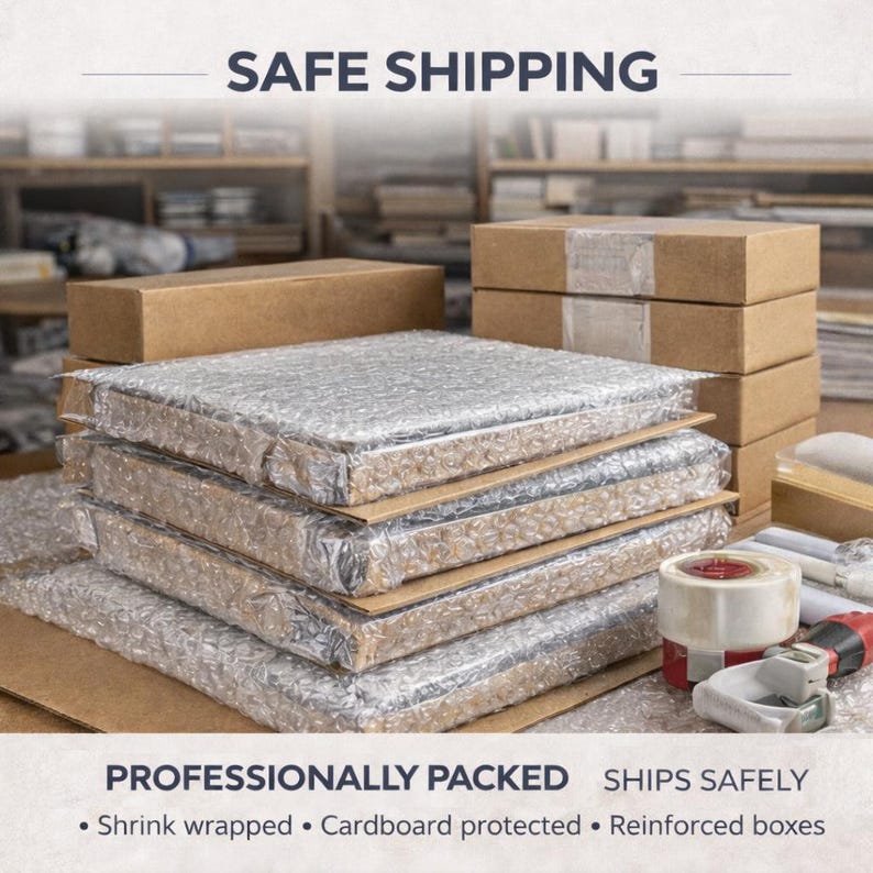 May include: Stack of packaged items wrapped in bubble wrap and cardboard, ready for shipping. The image includes the text "SAFE SHIPPING" and "PROFESSIONALLY PACKED" with bullet points: "Shrink wrapped &bull; Cardboard protected &bull; Reinforced boxes."