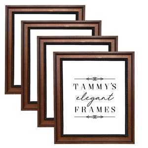May include: Four rectangular picture frames with a dark brown finish and a black beaded inner border. The frames have a white interior and the text "TAMMY'S elegant FRAMES" in black.