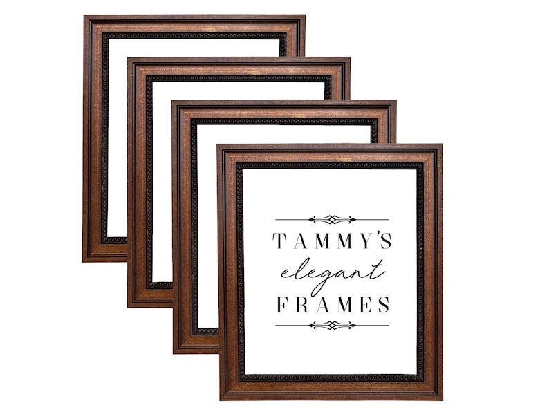 May include: Four rectangular picture frames with a dark brown finish and a black beaded inner border. The frames have a white interior and the text "TAMMY'S elegant FRAMES" in black.