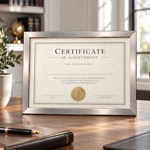 May include: A horizontal certificate of achievement in a metallic silver frame. The document features black text reading Certificate of Achievement, This Certifies That, and Has Successfully Met The Requirements And Is Hereby Recognized For Outstanding Performance.