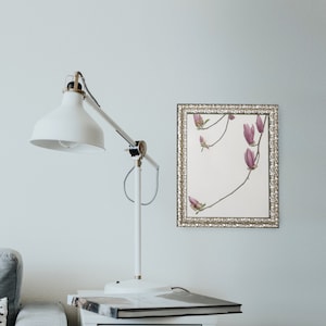 Puede incluir: Una impresi&oacute;n enmarcada de una rama delicada de flores de magnolia rosadas sobre un fondo blanco. El marco es plateado con un dise&ntilde;o ornamentado.