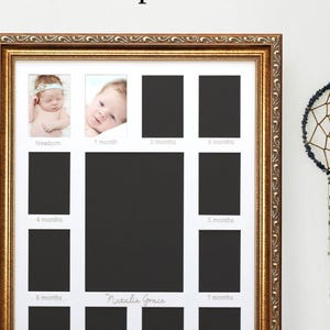 May include: A gold-framed baby milestone photo display with spaces for photos from newborn to 12 months. The frame includes two baby photos and the name "Natalie Grace". A dreamcatcher with a star hangs nearby.