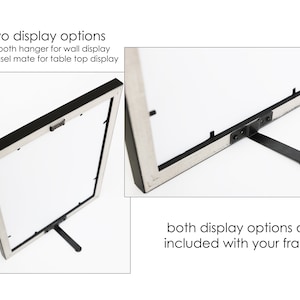 May include: A black and white picture frame with two display options: a sawtooth hanger for wall display and an easel mate for table top display. The frame has a black border and a neutral-toned inner frame. The text says, "both display options are included with your frame."
