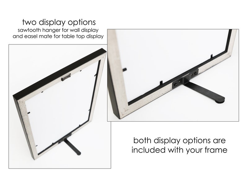 May include: A black and white picture frame with two display options: a sawtooth hanger for wall display and an easel mate for table top display. The frame has a black border and a neutral-toned inner frame. The text says, "both display options are included with your frame."