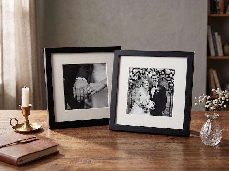 May include: Two black framed wedding photos with white matting sit on a wooden table. One shows hands with rings, the other a couple. A candle in a brass holder and a small vase are also on the table.