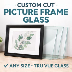 May include: A black picture frame with a white mat displays a botanical print. Beside it are several sheets of clear glass. Text at the top reads "CUSTOM CUT PICTURE FRAME GLASS". The text "ANY SIZE • TRU VUE GLASS" is at the bottom.