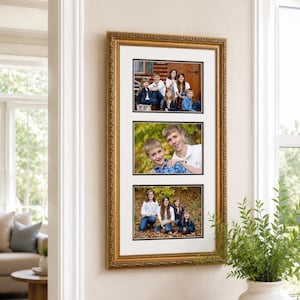 May include: A vertical triple-opening picture frame with an ornate gold finish and a white mat board. The frame displays three separate photographs featuring groups of children and teenagers in outdoor settings, mounted within black inner borders.