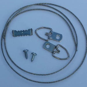 May include: A set of picture hanging hardware, including a silver wire, two silver D-shaped hooks, a silver sawtooth hanger, and two silver screws.