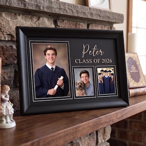 May include: A black framed photo collage with three individual photo sections. The center section has the name "Peter" and "CLASS OF 2026" in gold script. The left photo shows a person in a graduation gown holding a diploma.