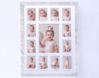 Nursery Decor Baby First Year Frame, Personalized Baby Picture Frame, Neutral Nursery Wall Decor, Baby Milestone Photo Collage