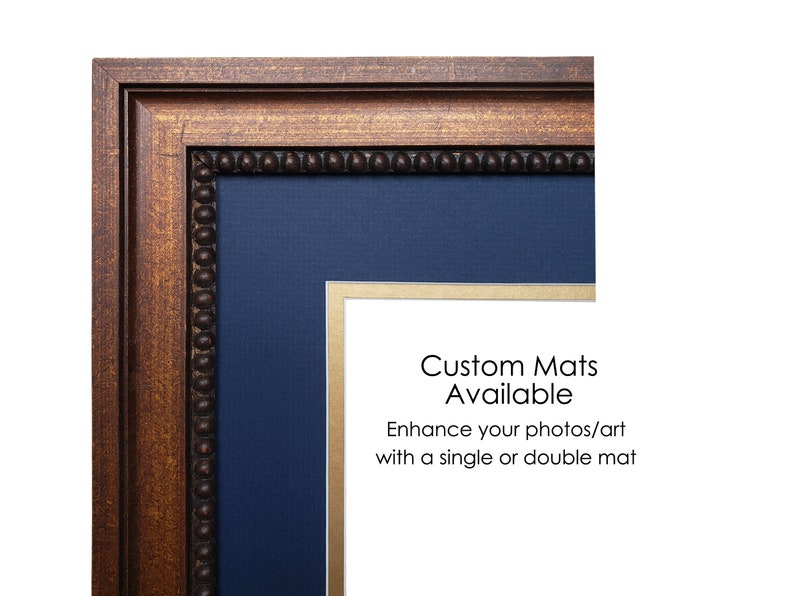 May include: A framed artwork with a dark wood frame and a navy blue mat. The frame has a decorative beaded edge. Text on the image reads "Custom Mats Available" and "Enhance your photos/art with a single or double mat."