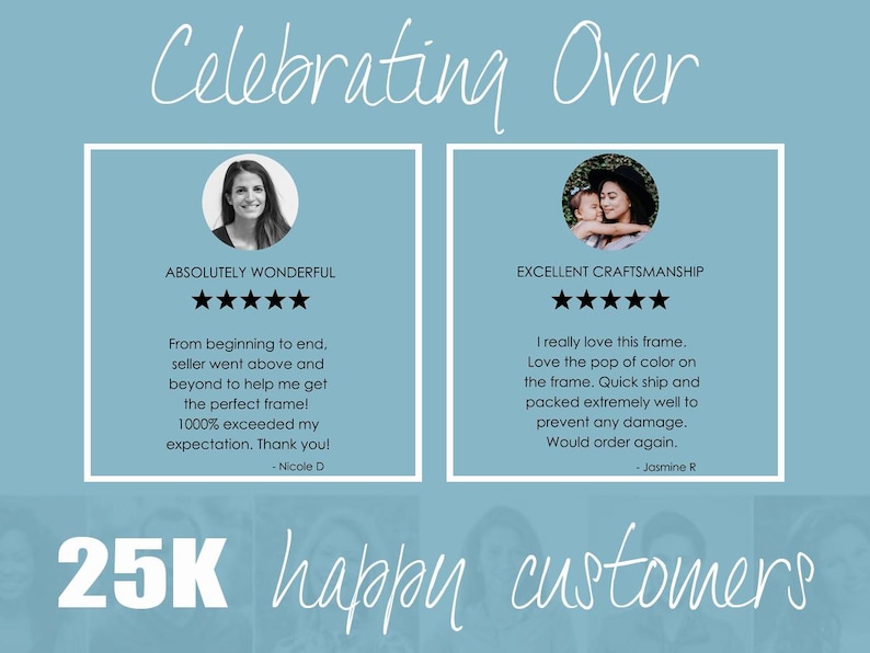 May include: A light blue graphic with customer testimonials and the text "Celebrating Over." Two customer reviews are displayed, each with a photo and five-star ratings. The bottom of the graphic reads "25K happy customers."