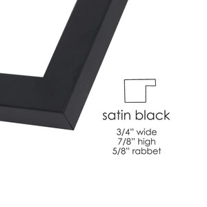 May include: Satin black picture frame corner. The frame is 3/4 inch wide, 7/8 inch high, and has a 5/8 inch rabbet. The text "satin black" is displayed below the frame corner.