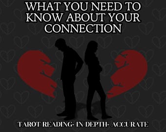 Puede incluir: Una imagen en blanco y negro de dos siluetas de personas de pie espalda con espalda con un corazón roto en el medio. El texto "WHAT YOU NEED TO KNOW ABOUT YOUR CONNECTION" está en la parte superior de la imagen. El texto "TAROT READING- IN DEPTH- ACCURATE" está en la parte inferior de la imagen.