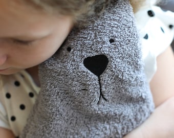 Kid’s hot water bottle 0,7-0,8 litre with  animal cover, 100% cotton terry fabric, great gift for children and teens, cute bed warmer