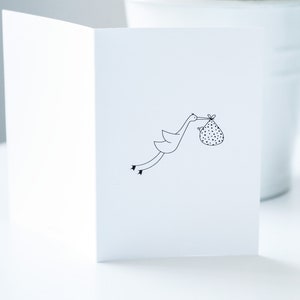 Cute welcome baby greeting card, New baby card, Surprise pregnancy announcement, baby or stork, line drawing printed card, hello tiny humane image 2