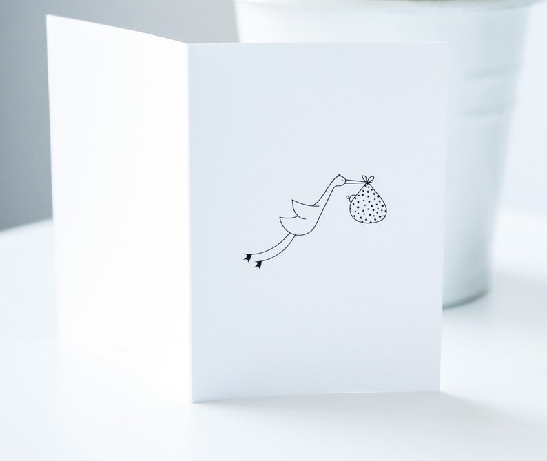 Cute welcome baby greeting card, New baby card, Surprise pregnancy announcement, baby or stork, line drawing printed card, hello tiny humane image 2