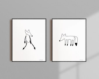 Foxes illustration, hand line drawing, nursery print design, animal poster, art prints, digital download, minimalist, nursery wall decor